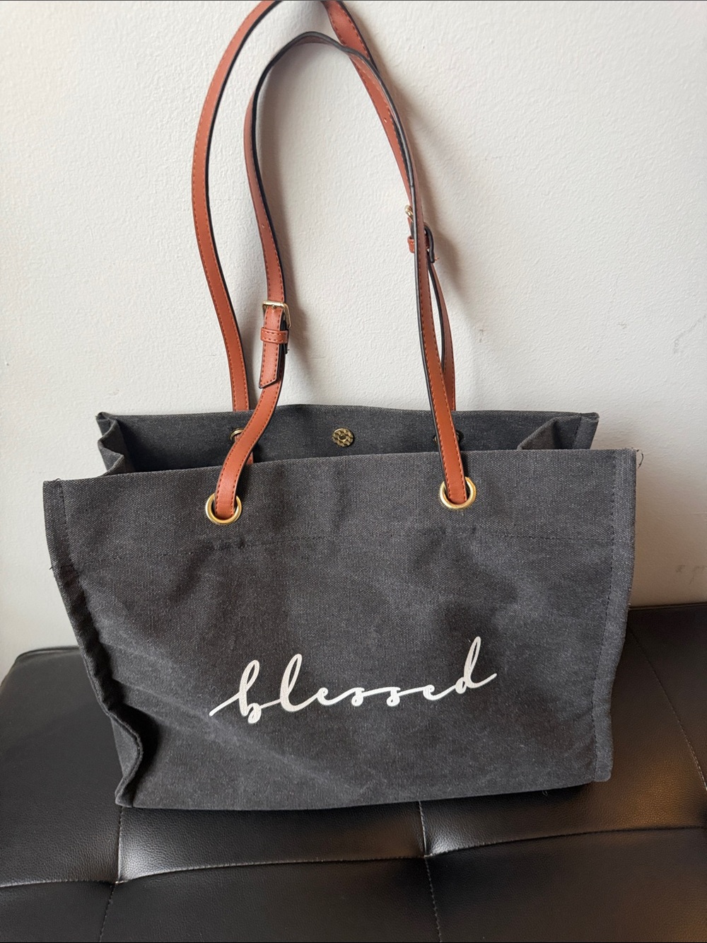 Blessed Canvas Tote Bag with Brown Leather Straps - Picture 4 of 4